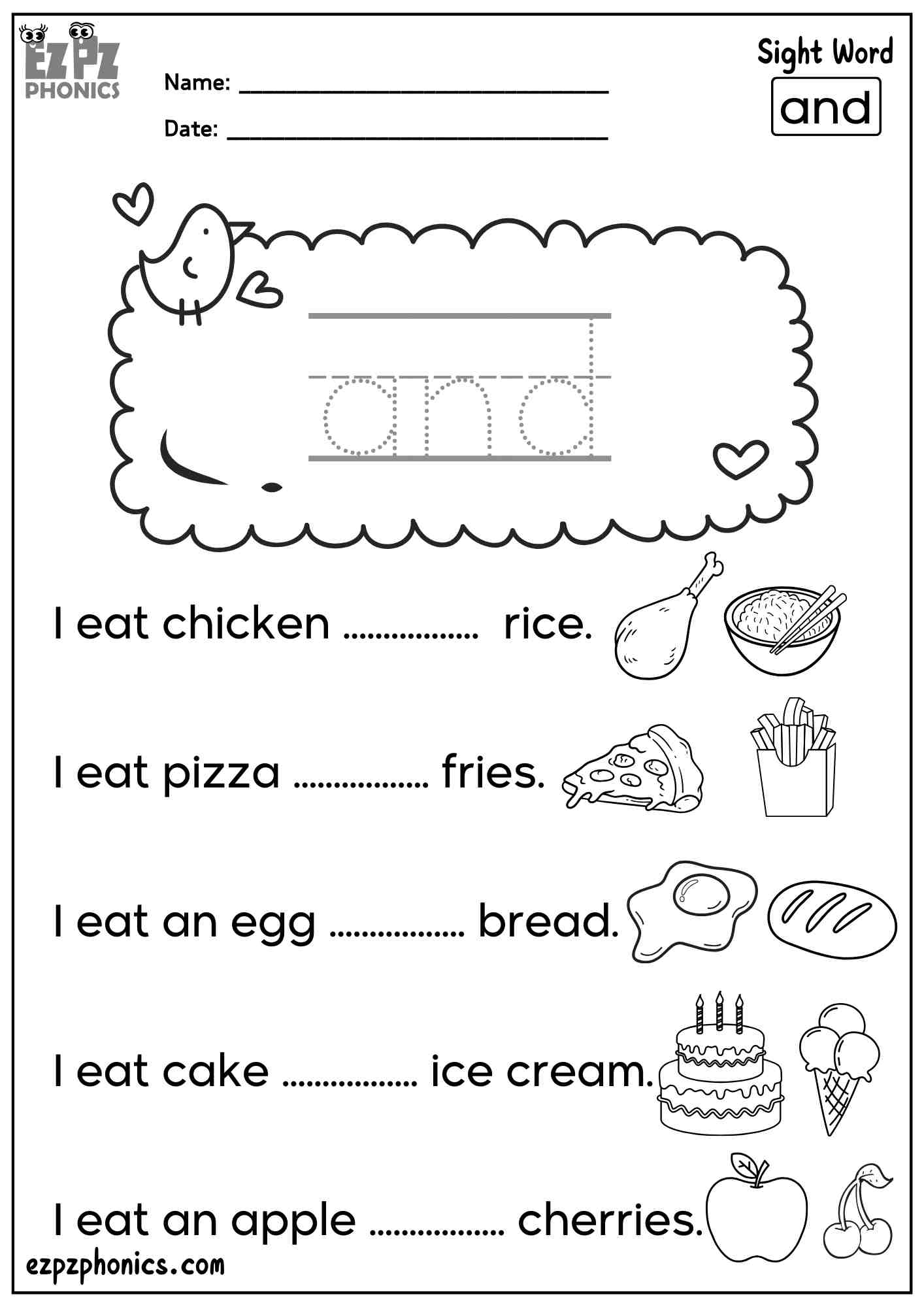 The Word “And” - Dolch Pre-Kindergarten Sight Words Sentences Worksheet